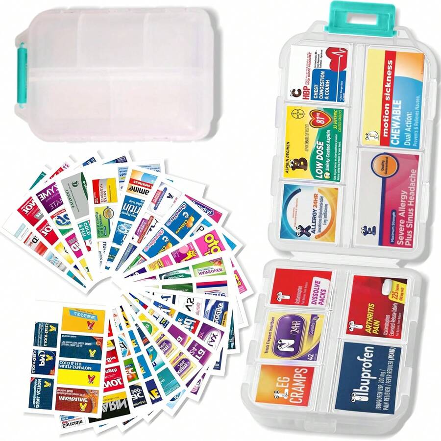 Pill Organizer With Medicine Labels Travel Daily Pill Container Mini Medication Organizer Storage Pill Organizer Travel Essentials Pill Case 7 Day 300 Lables - White - View 1