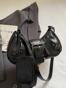 一套复古简约单肩包和腋下包，时尚机车风斜挎包，女士 - 黑色 - 查看 7