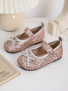 1 Pair Black Flat Dance Shoes With Shiny PU Bow Decor, Round Toe Soft Sole Hook & Loop Design, Fashion Princess Style Ballerina Shoes For Daily Wear, Vacation, Holiday, Party, Indoor & Outdoor - Champagne - View 2