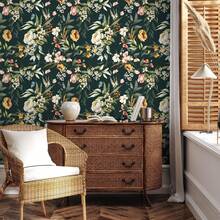 复古深色花卉壁纸 - 可撕贴，防水乙烯基材质，易于粘贴和移除，租房者友好型自粘壁纸，非常适合卧室、客厅、厨房装饰，卧室专用自粘壁纸 - 1pc - 查看 3