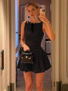 女士休闲优雅日常街头波点印花连衣裙，春夏款 - 黑 - 查看 4