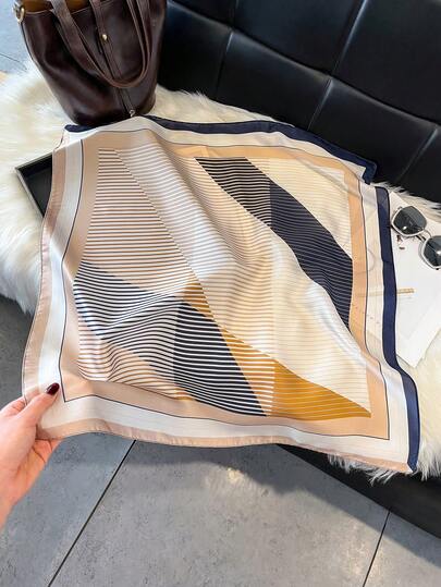 1条仿丝极简几何条纹拼接印花27.6英寸方形围巾，多功能头巾，可作腰带、发饰、日常时尚围脖佩戴