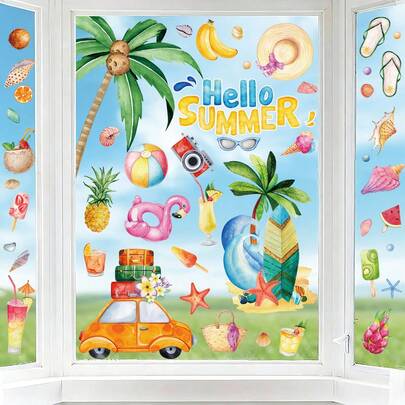 一套4张夏季主题窗贴，包含棕榈树、汽车、水果图案，可移除静电吸附玻璃贴纸，适用于卧室、客厅、阳台和展示橱窗装饰。