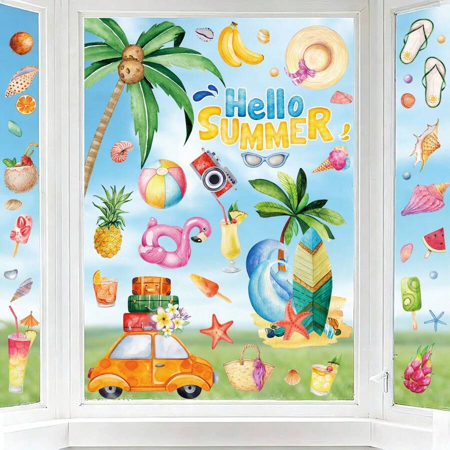 1 Set Of 4 Summer Theme Window Stickers, Includes Palm Tree, Car, Fruit Patterns, Removable Static Cling Glass Decals, Suitable For Bedroom, Living Room, Balcony And Display Window Decoration - Beach - View 1