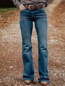 Women's Embroidered Back Pocket Flare Jeans, Elastic, All Season - 復古藍 - 查看 3