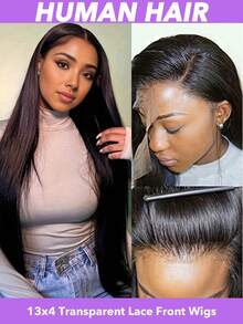 22英寸蕾丝前假发，真人发，预先拔毛，带婴儿发，150密度，真人发假发，直发，13x4透明蕾丝前假发，自然黑色，女士款（8-24 26 28 30英寸） - Natural Black - 查看 1