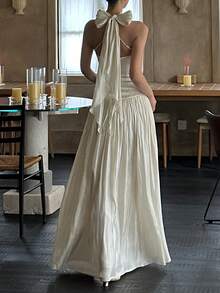 优雅女士缎面吊带褶皱连衣裙，适合毕业典礼、晚宴、奢华伴娘礼服、飘逸婚礼宾客装、假日旅行春季派对穿着 - 杏色 - 查看 2