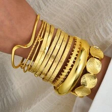 Bộ 12 chiếc vòng tay hở cổ tay kẻ sọc bất đối xứng, thiết kế lá cách điệu, bộ vòng tay thanh lịch, thích hợp làm quà tặng ngày lễ và đeo hàng ngày. - Vàng - Xem 1