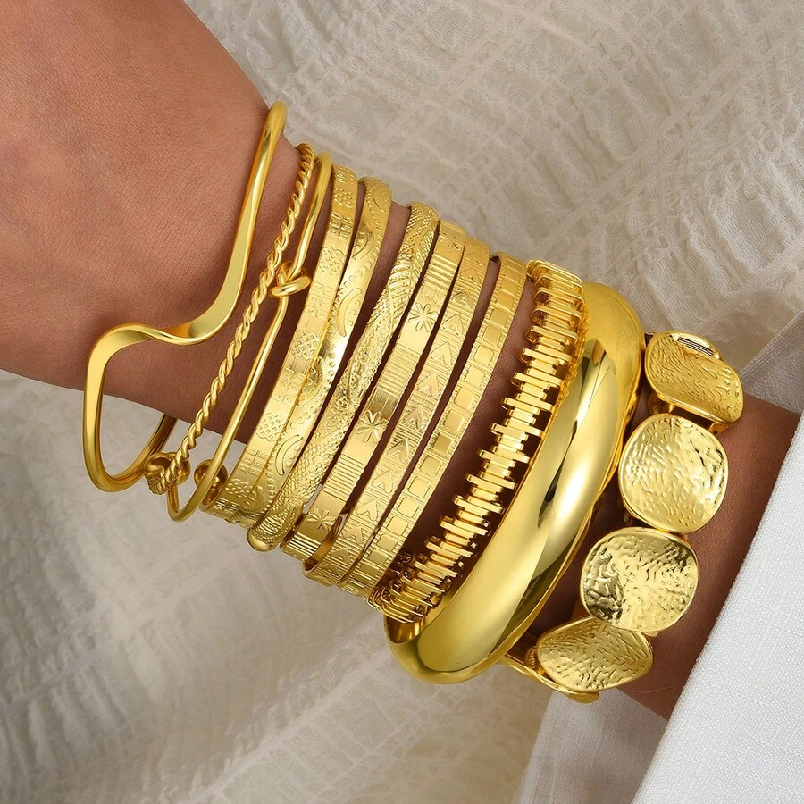 Bộ 12 chiếc vòng tay hở cổ tay kẻ sọc bất đối xứng, thiết kế lá cách điệu, bộ vòng tay thanh lịch, thích hợp làm quà tặng ngày lễ và đeo hàng ngày. - Vàng - Xem 1