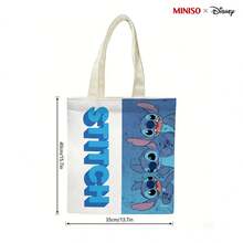 MINISO X Disney Stitch Multi-Expression Print Canvas Tote Bag, White & Blue Kawaii Reusable Shoulder Bag, Lilo & Stitch Themed Grocery Bag For Travel & Shopping - 1pc - 查看 5