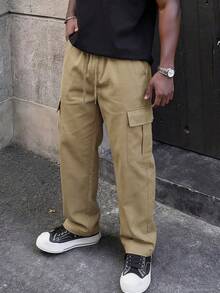 Pantalones cargo de hombre de color caqui tejido, cintura elástica con cordón, bolsillos laterales dobles, pantalones casuales - Caqui - Ver 1