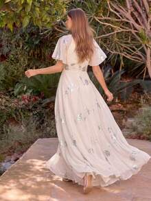 UNITHORSE Women's Sweetheart Neck Ruffle Sleeve Pleated Bust Fitted Chiffon Evening Dress - Apricot - View 3