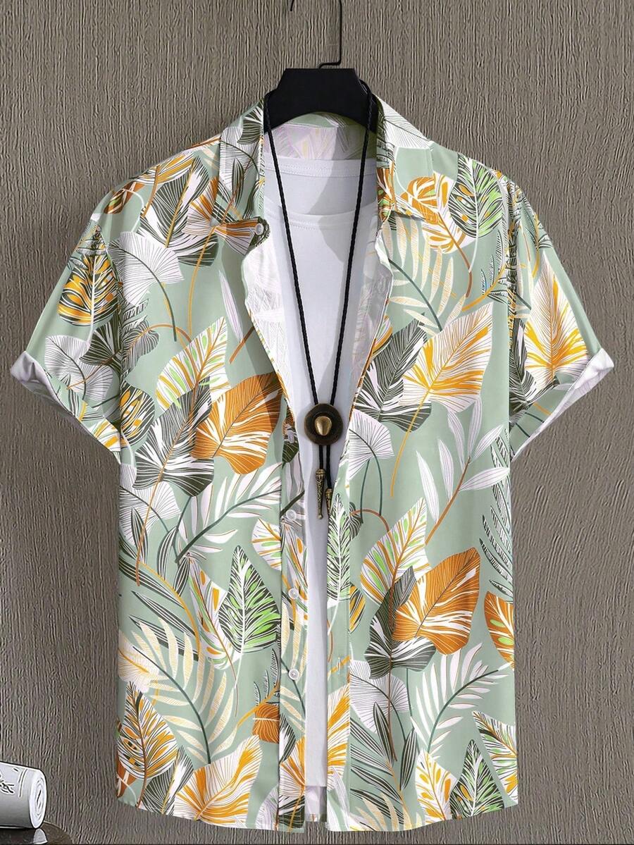 Tropical Leaves Pattern Symbolizes Vitality And Harmony With Nature Creating A Relaxing Summer Vibe Stylish 3D Printed Short Sleeve Button Down Shirt For Men Perfect For Beach Or Casual Wear - 白色 - 查看 1