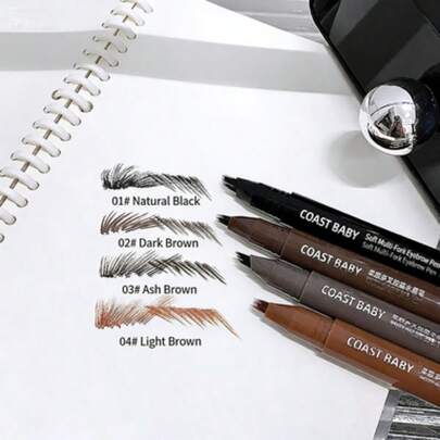 1 bút kẻ lông mày bền, chống thấm nước, có 4 màu, tạo hình lông mày tự nhiên như sợi tóc. Bút kẻ lông mày 4 đầu phù hợp cho người mới bắt đầu và chuyên nghiệp, không dễ lem hay phai màu, cho phép tạo hình lông mày tự nhiên như sợi tóc. Bút kẻ lông mày dạng lỏng nhiều đầu có chân lông rõ nét, chống thấm nước, chống mồ hôi, lâu trôi và không phai màu. Phù hợp cho người mới bắt đầu tạo kiểu trang điểm lông mày tự nhiên, có thể chồng lớp và tô màu.