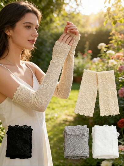 2pcs/Set Women Lace Sun Protection Arm Sleeves - Elegant Breathable Knit Fabric, Solid Color Design Suitable For Summer Outdoor, Elegant Sleeve Design, Knit Structure