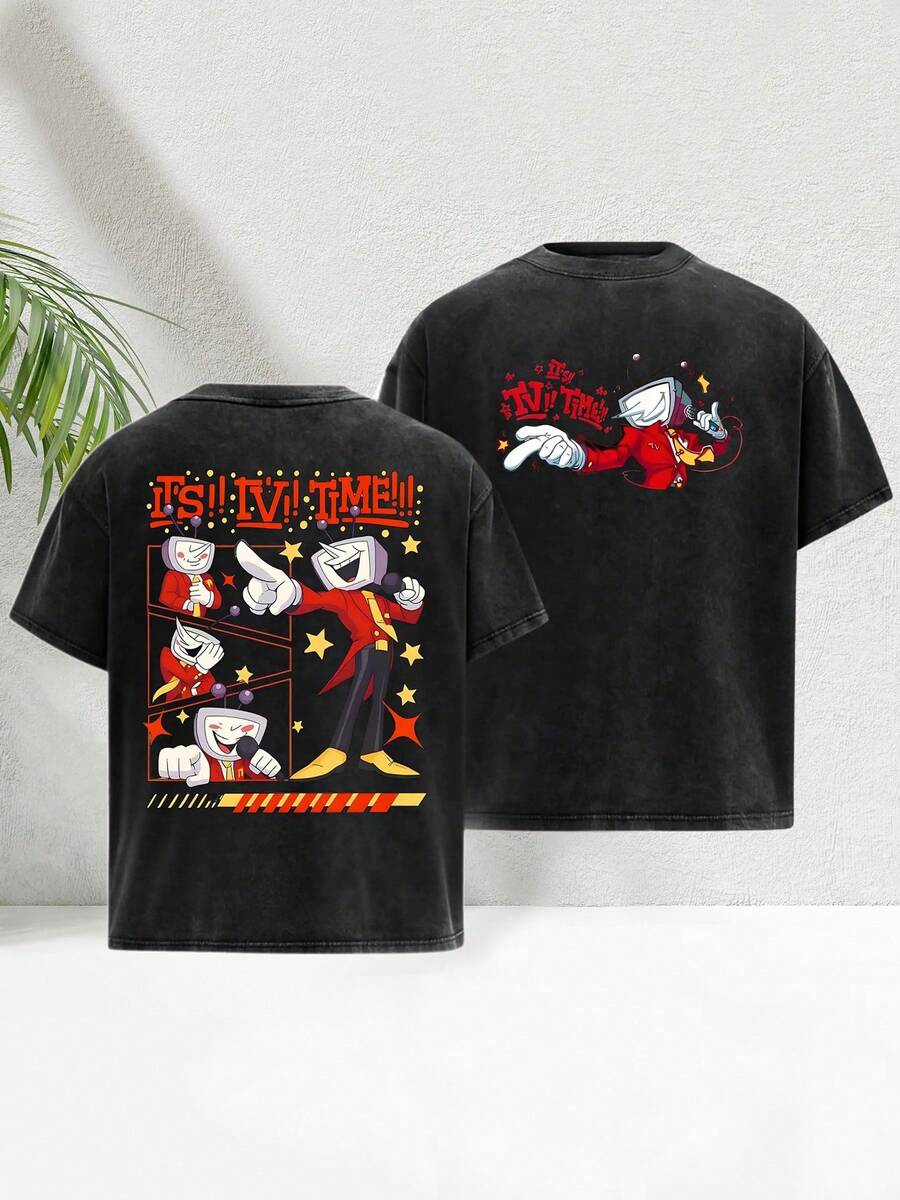230g Washed T-Shirt, American Retro Cartoon Party Printed High-Quality Batik Cotton Retro Fashion Brand T-Shirt, Suitable For Everyday Wearing T-Shirts, Outdoor Holiday Sports, Gifts For Comic Lovers. - màu đen - Xem 1