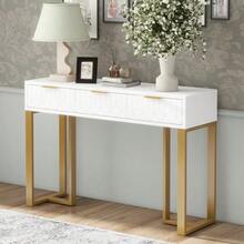 Modern Console Table With Drawers, Gold Frame, Adjustable Footrest And Elegant Handles (White + Gold) - White - View 1