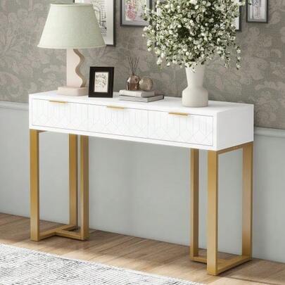 Modern Console Table With Drawers, Gold Frame, Adjustable Footrest And Elegant Handles (White + Gold)