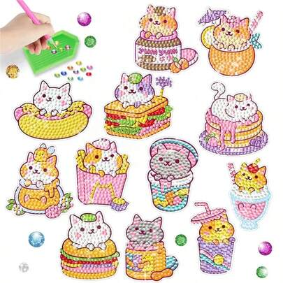 12件套DIY可爱猫咪钻石画套装，包含宝石、工具、工艺美术用品，最佳马赛克贴纸礼品