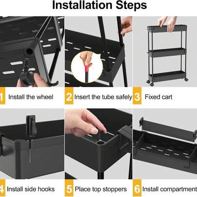Carrito Organizador de 6 Niveles con Ruedas 360° | Estante Multifuncional para Cocina, Baño u Oficina | Resistente, Compacto y Moderno en Color Negro