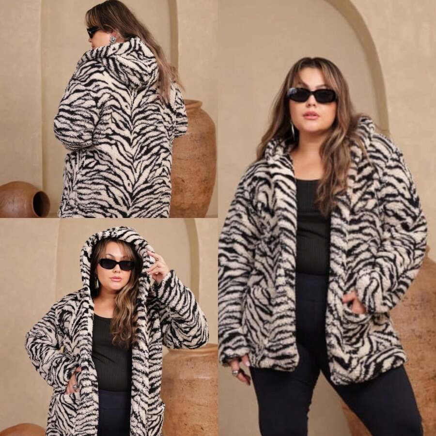 Plus Size Teddy Coat, Lined Inside, With Hood, Women's Cold Weather Overcoat - Multicolor - View 1