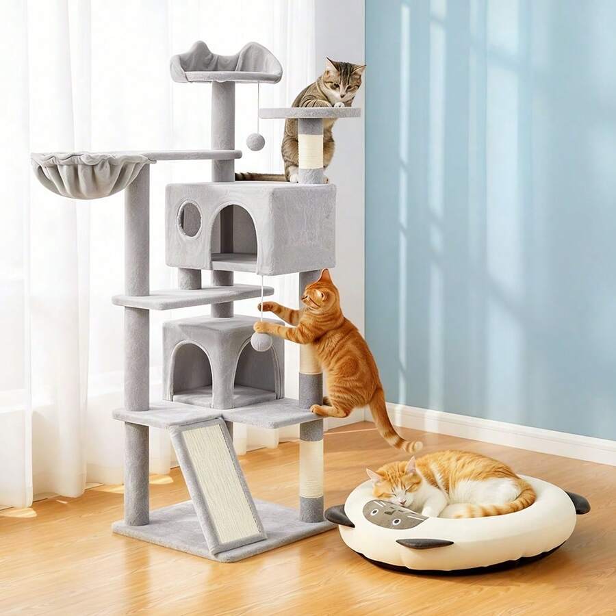 [Pet Paradise] Set di albero tiragraffi in sisal a più livelli e lettino per gatti a tema cartoni animati | Resistente ai graffi con giocattolo a sfera appeso | Tutto in uno per saltare e riposare, forniture per animali domestici salvaspazio per la casa - Grigio + Beige - Visualizzare 1