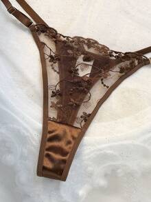 女士两件套棕色花卉刺绣缎面薄纱钢圈文胸和丁字裤内衣套装 - 咖啡棕 - 查看 6