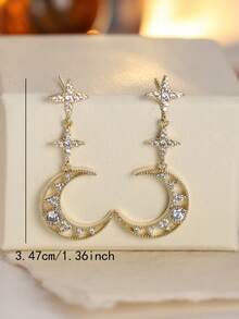 1 Pair Women's Earrings, Star & Moon Inlaid Synthetic Zirconia Earrings, Elegant Design Fashion Versatile Jewelry Suitable For Women's Daily Wear And Gifts - Earrings Earrings - View 6