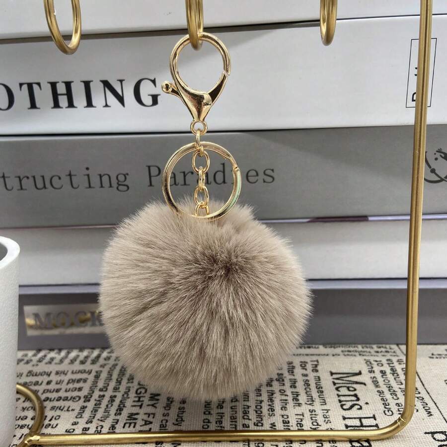 Rex Rabbit Fur Ball Pendant Plush Ball Keychain - Khaki - View 1