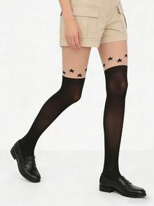1 par de medias altas y sexys, adecuadas para chicas de moda, diseñadas con un patrón de estrellas en color albaricoque y negro, versátiles para varios estilos - Multicolor - Ver 4