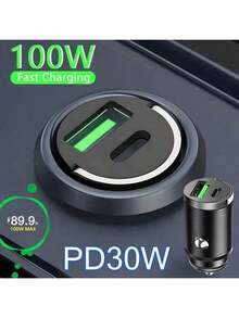 Dual-Port Mini USB Car Charger, Fast Charging, Metallic Finish, Male To Female Connector With Ring Design, PD30W, Type-C, Compatible With Smartphones And Devices, Essential Car Power Accessory, No Battery, Ideal For 11 Festive Gifts - Multicolor - View 1