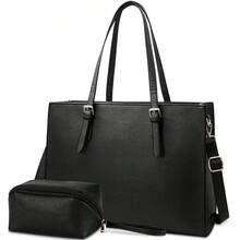NEWHEY 手提包/笔记本电脑包组合包，防水轻便皮革材质，适用于15.6英寸笔记本电脑，商务办公公文包，大容量手提包/单肩包，带手拿包的专业办公工作包，黑色 - 彩色 - 查看 1