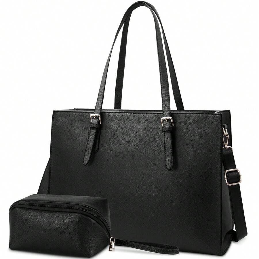 NEWHEY 手提包/笔记本电脑包组合包，防水轻便皮革材质，适用于15.6英寸笔记本电脑，商务办公公文包，大容量手提包/单肩包，带手拿包的专业办公工作包，黑色 - 彩色 - 查看 1