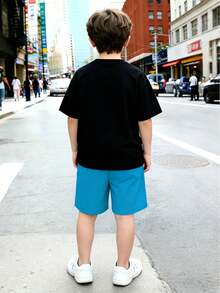 8-12 Years Old Boys' Street Style Outfit, Black Cartoon Digital Print Short Sleeve Tee + Light Blue Multi-Pocket Cargo Shorts, Breathable Soft Wrinkle-Resistant, Suitable For School, Outdoor Play, Weekend Outings - Blue - View 3