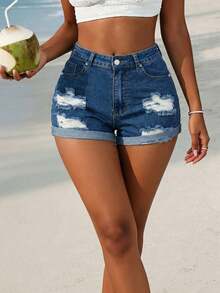 Shorts vaqueros de mujer ajustados y rectos con efecto desgastado y elástico, para el verano - Azul lavado oscuro - Ver 2