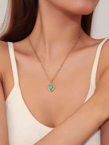 1pc Vintage Tiger Eye Gemstone Pendant Copper Necklace, Oval Sunburst Heart Rhinestone Plated Gold Stainless Steel Chain, Suitable For Women's Daily And Festival Wear Or Jewelry Gift - Gold + Royal Blue - View 3