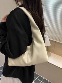 1 pieza Bolso de mano de unicolor de PU personalizado para uso diario, bolso de tela minimalista, bolso de hombro, bolso de axila - Beis - Ver 8