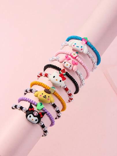 SANRIO 2件装女孩可爱小猫小狗树脂玻璃珠手链，适合节日派对、学校活动、生日礼物