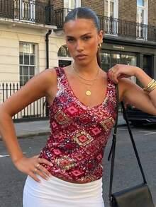 Women Sequin Tank Tops Slim Contrast Sparkly V Neck Sleeveless Vest Stylish Summer Streetwear - Rojo - Ver 3