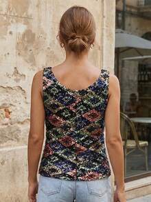 Women Sequin Tank Tops Slim Contrast Sparkly V Neck Sleeveless Vest Stylish Summer Streetwear - Negro - Ver 6