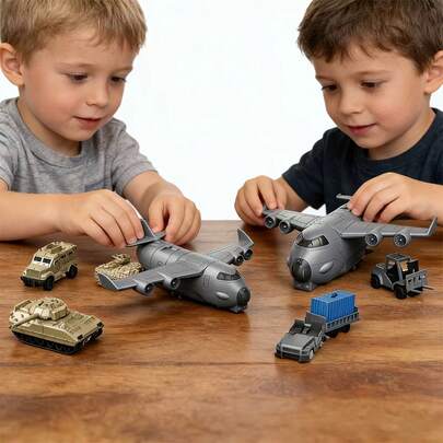 适合3岁及以上男孩的军事运输飞机玩具套装，包含坦克、装甲车、卡车、运输机、军用车辆和战斗机玩具，是理想的车辆玩具礼物和生日礼物。
