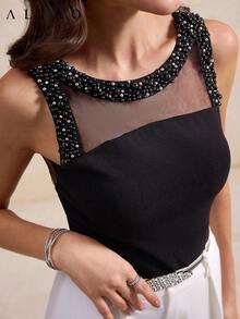 Camiseta elegante de Aliao con malla de cristales y cuentas, parte superior sin mangas para primavera/verano, para ir al trabajo, citas, bodas, playa - Negro - Ver 3