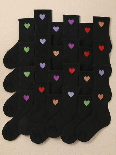 20/10/5 Pairs Kids Black Round Neck Socks With Random Heart Pattern, Minimalist Design, Comfortable & Breathable, Suitable For Daily Activities, Parties, Graduation Gifts, For Boys & Girls