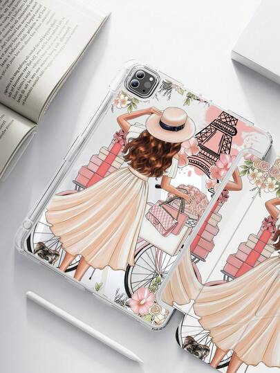 1pc Cute Cartoon Portrait Bicycle Floral Print Double-Sided Acrylic Transparent Crystal Back Cover, Shock-Resistant And Durable, Suitable For IPad 7th, 8th And 10th Generation (10.2 Inch). It Has A Built-In Pen Slot And Supports Sleep/Wake Function. An Ideal Gift For Halloween And New Year.