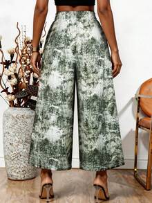 Elegant Women's Woven Fabric Straight Leg Pants, Abstract Green Print, Loose Fit Long Wide Leg Trousers, Showcasing Graceful Style And Comfortable Fashion - Dark Green - View 2