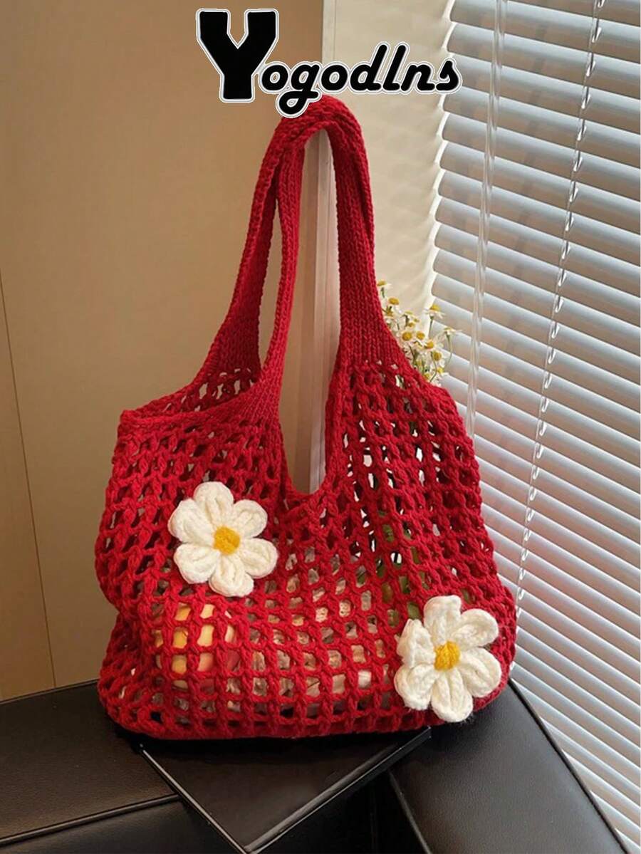 女士针织镂空手提包 新款大容量单肩复合包 编织沙滩度假手提包 夏季西部风针织手提包 女士新款大容量百搭针织休闲单肩包 - 紅色 - 查看 1