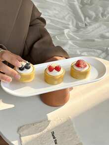 1pc Ins Style Stainless Steel Oval Cream Cake Plate, Elegant Afternoon Tea Cake High Foot Plate, Rectangular Dessert Display & Storage Tray - Multicolor - View 6