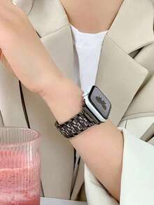 1件闪亮时尚珠宝黑色金属表带，男女通用，兼容 38mm 40mm 41mm 42mm 45mm 46mm 49mm，Series 10/9/8/7/6/5/4/3/2/1/SE/Ultra，可调节表带，钻石不锈钢金属表带。 - 黑色 - 查看 2