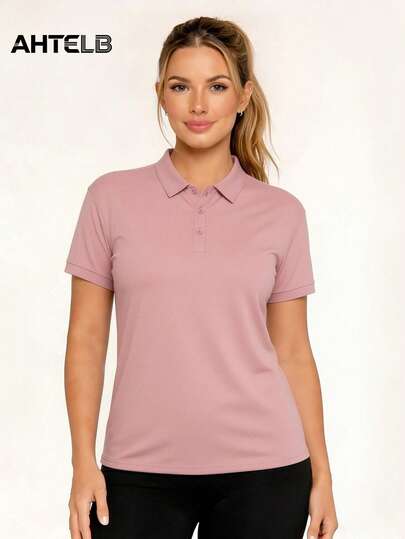  AHTELB Women's Summer Solid Color Quick-Dry Polo Shirt, Casual Sports Breathable Top, Comfortable Cool Air-Conditioned Shirt, Outdoor Quick-Dry Short Sleeve Running Sports Lightweight Training Top, Golf Horse Riding Baseball Sports Polo Shirt