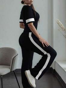 2pcs/Set Women's Casual Matching Contrast Color Round Neck Short Sleeve Top And High Waist Drawstring Straight Leg Pants, Spring/Summer - Black - View 6